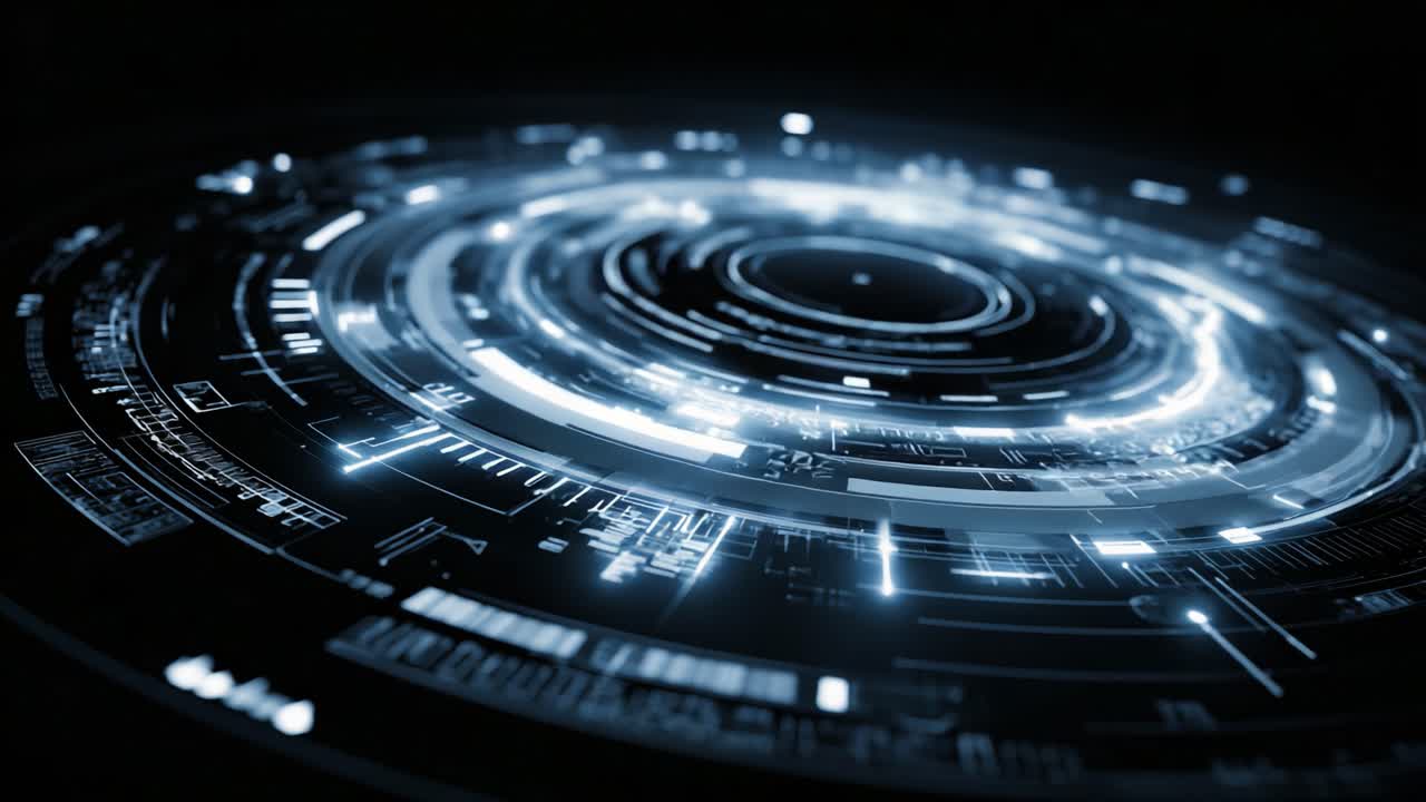 Visually Striking Circular Interface Display with Dynamic Swirls of Light and Futuristic Data Elements in a Dark Background