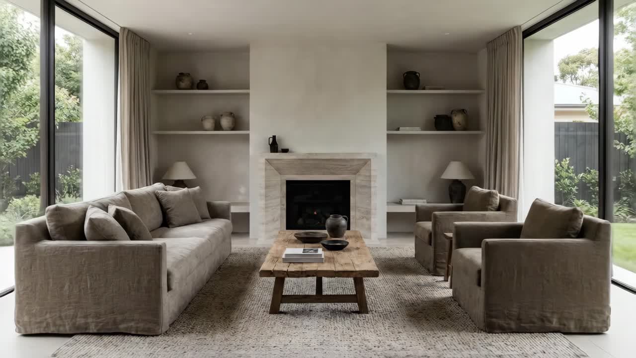 Moderní minimalistický interiér obývacího pokoje s krbem a neutrálními dekoracemi