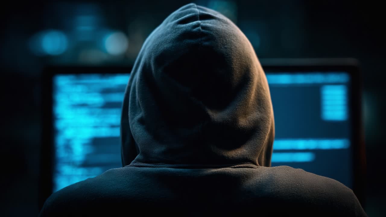 En mystisk figur i en hættetrøje er involveret i cyberaktiviteter, hvor vedkommende anonymt navigerer gennem kodelinjer på en mørklagt skærm i et svagt oplyst miljø.