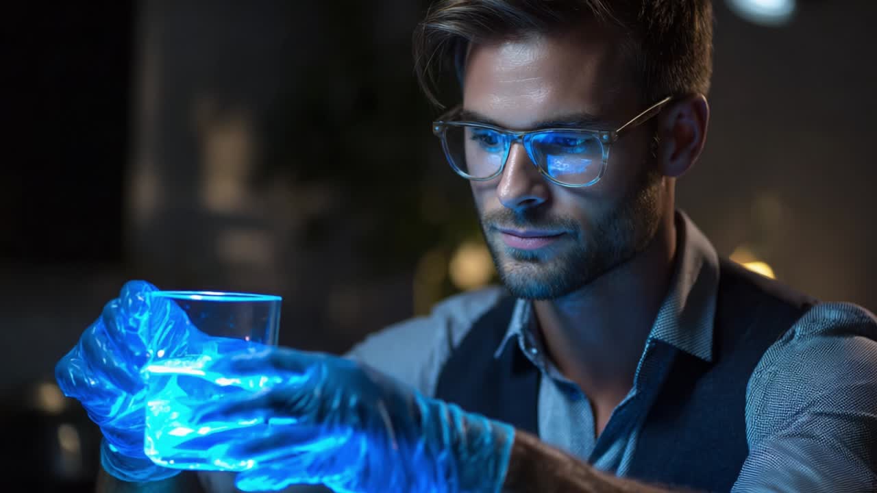 A Focused Scientist Examines a Glass Container with Glowing Blue Liquid Under Soft Ambient Light, Showcasing Precision and Curiosity in a Modern Laboratory Environment