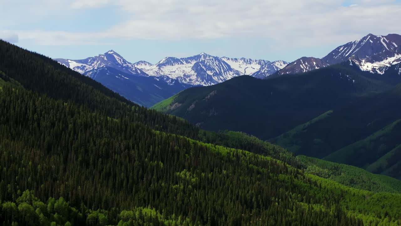 Ashcroft Mountain ghost town spring summertime morning blue sky clouds Aspen Mountain Ajax Little Annie Trailhead aerial drone Colorado Rocky Mountains Elk Range Aspen Trees parallax circle right