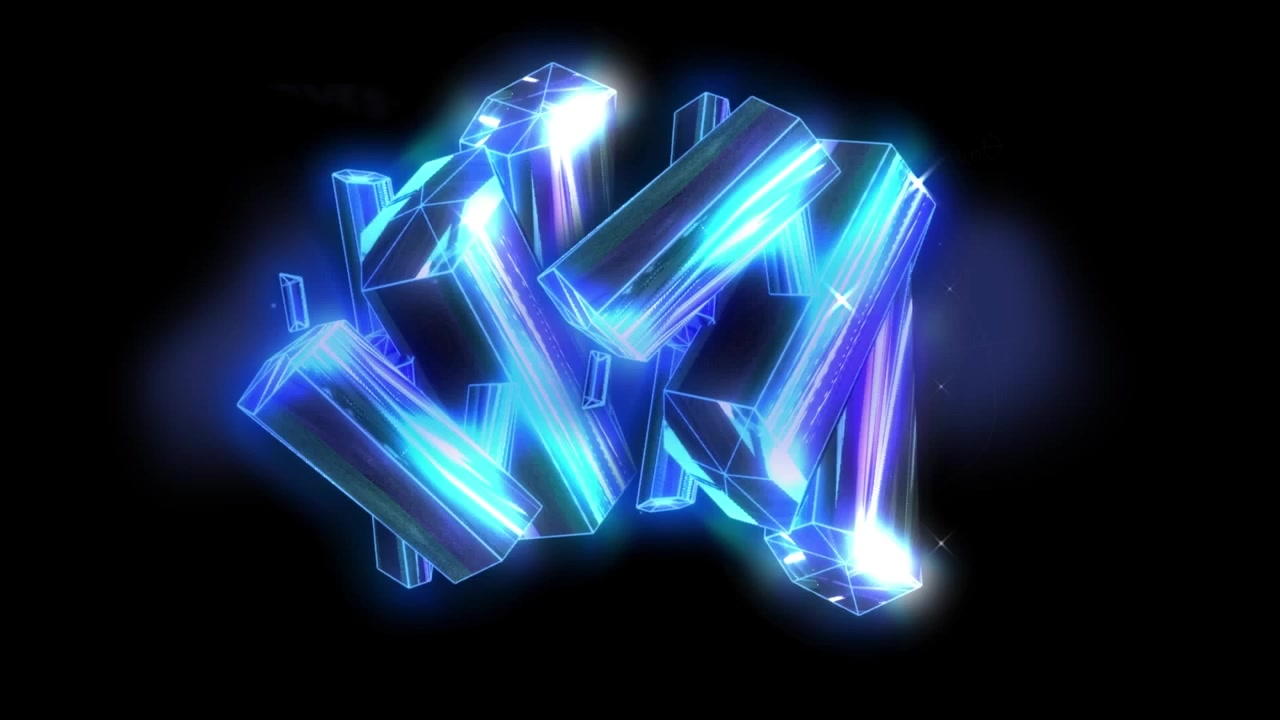 Animation numérique d'icônes d'étoiles bleues néon lumineuses tournant sur un fond noir.