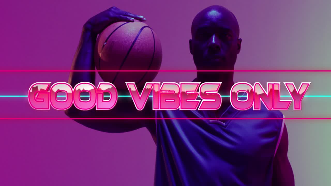 animación de buenas vibraciones sólo texto sobre patrón de neón y jugador de baloncesto afroamericano