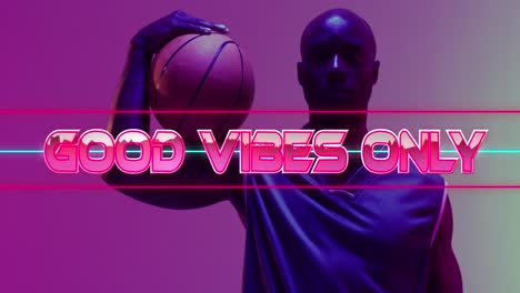 animation of good vibes only text over neon pattern and african american basketball player