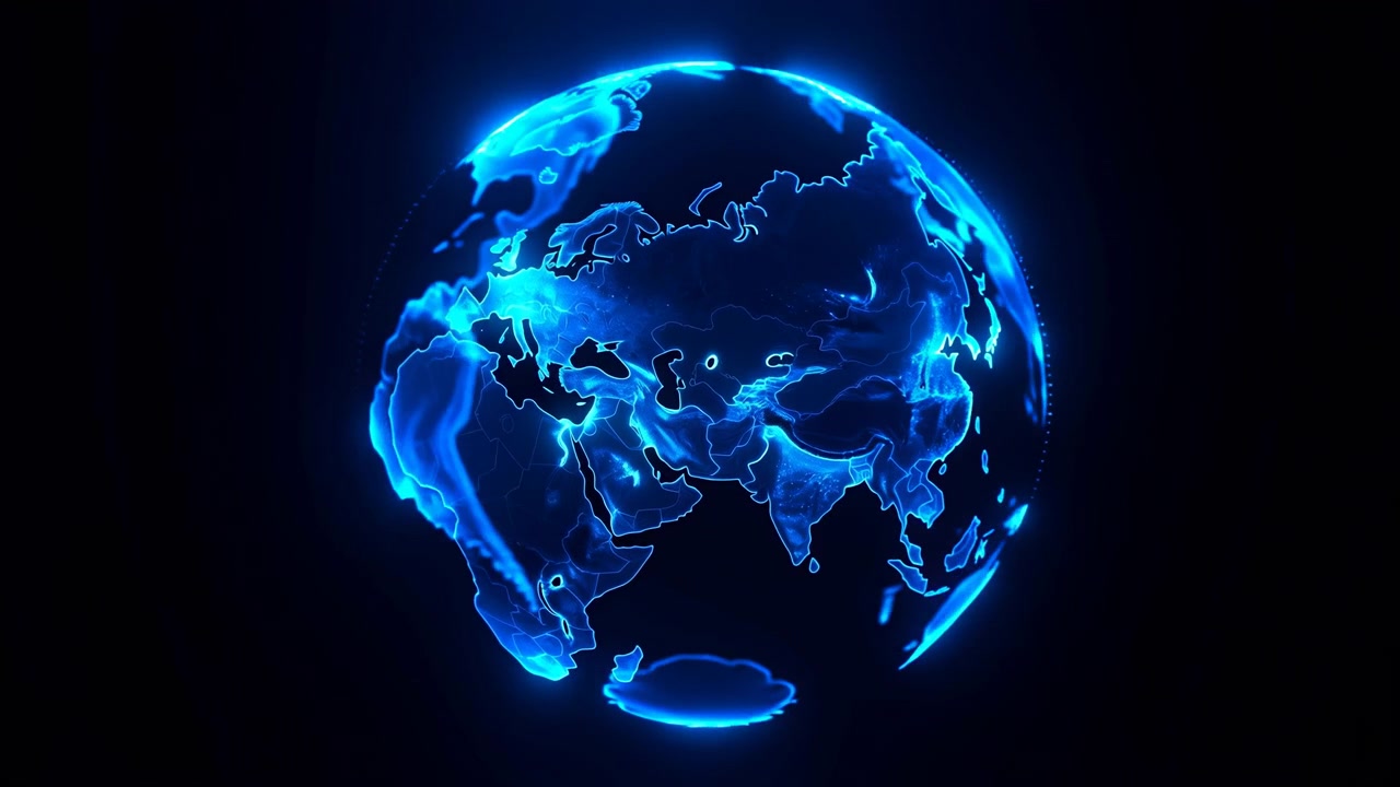 En klart blå oplyst globus svæver mod en sort baggrund, med Europa og Afrika tydeligt synlige, hvilket skaber et futuristisk globalt koncept med stærk