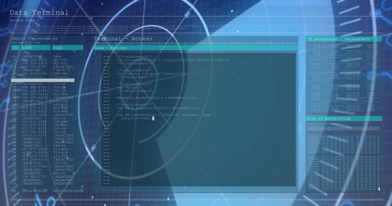 On access terminal activating, filling monospace code showing access while radar HUD rotating