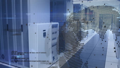 data processing animation over server room with digital world map overlay
