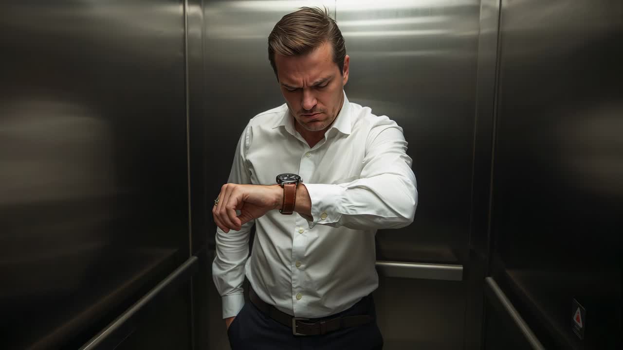 Checking watch, man in white shirt looking up and waiting in metal elevator, with control panel