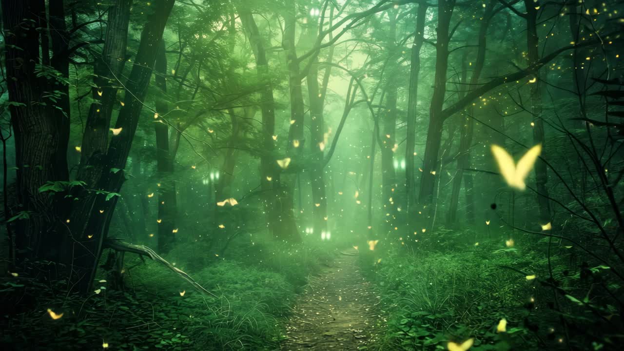 Enchanted forest scene with glowing butterflies, captured from a low angle