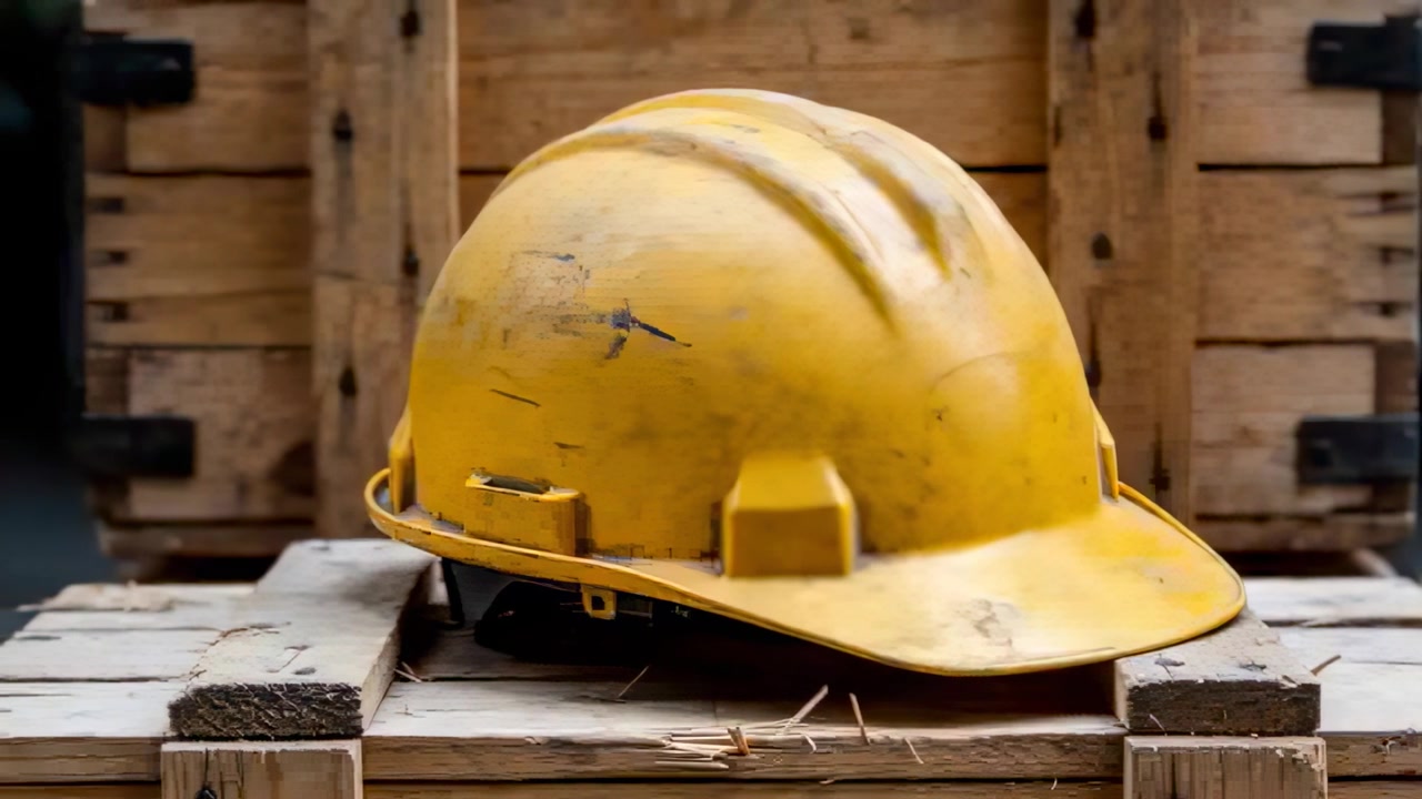 Telecamera che zooma, stringendo l'inquadratura su un singolo cappello giallo su un pallet di legno, mostrando la ferramenta della cassa.