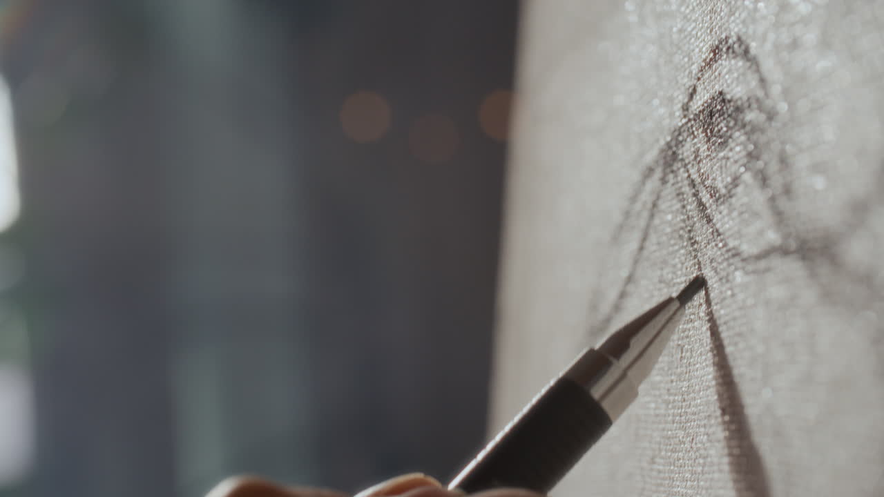 Primo piano della mano di un artista che disegna il contorno di un occhio su un'area di lavoro con una matita