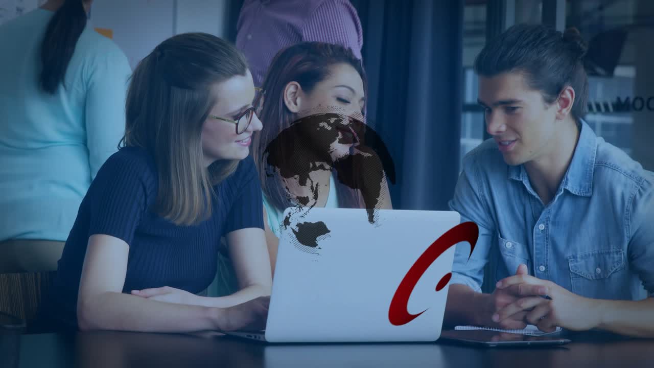 Globe animation fading and revealing business meeting as colleagues discussing strategy on laptop