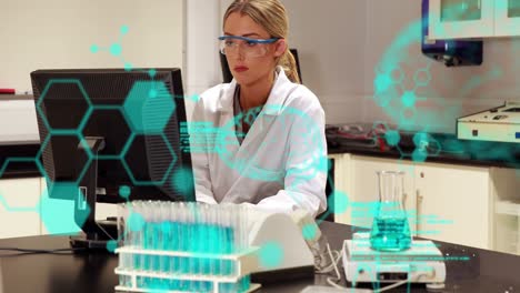 Animation-of-chemical-formulas-and-data-processing-over-caucasian-female-lab-worker-using-computer