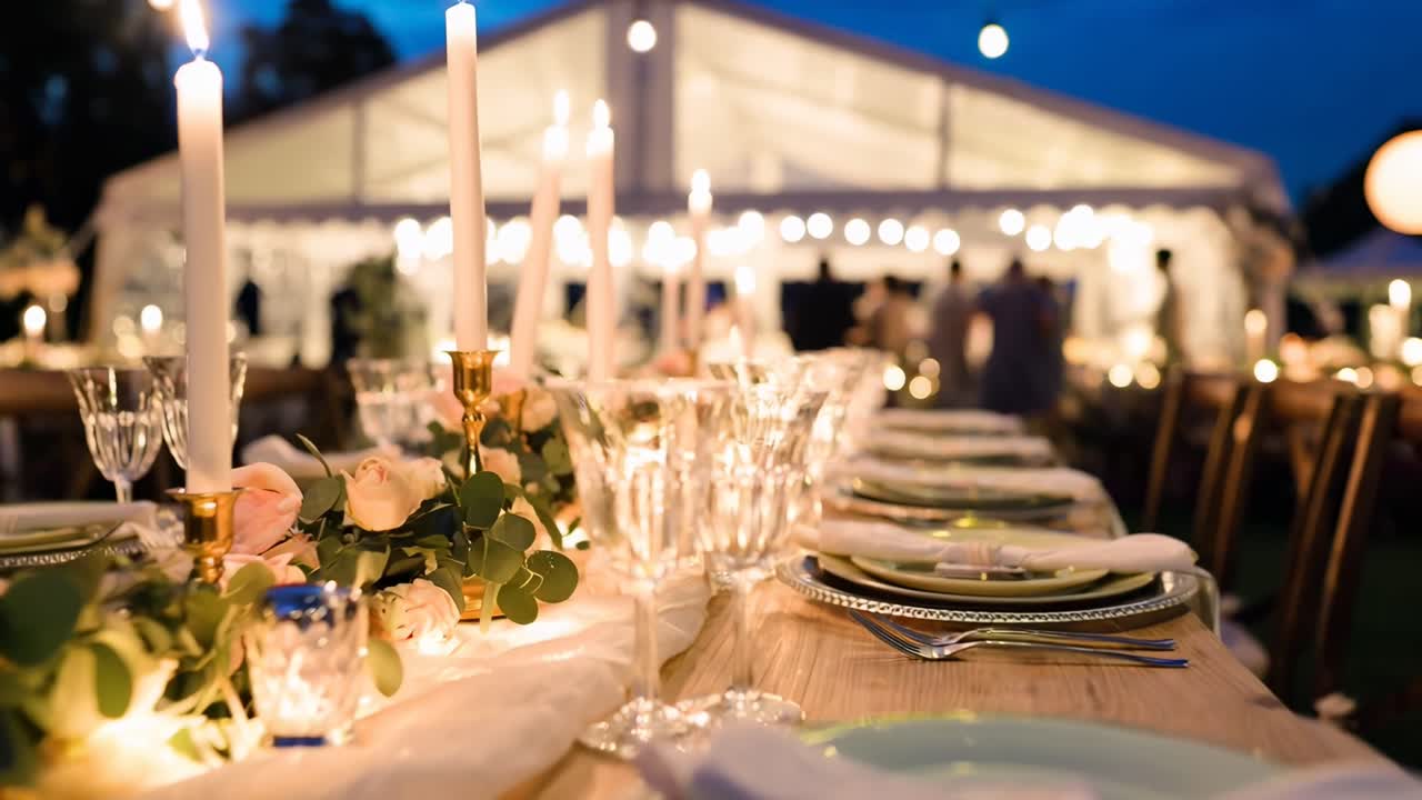 Elegant utendørs borddekking for arrangement med levende lys og blomster om natten