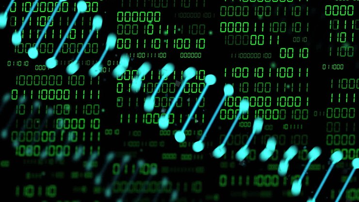 Animation of dna strands over data processing on black background