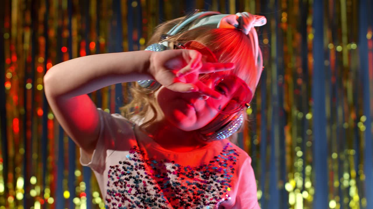 십대 소녀가 음악을 듣고, 춤을 추고, 표정을 짓고, 디스코 사이버 ⁇ 크 나이트 클럽에서 장난을 치고