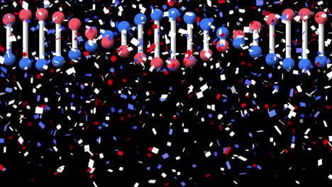 animation of blue red and white confetti over spinning dna strain on black background