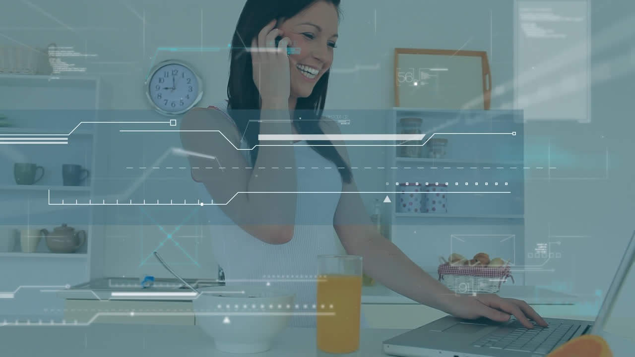 animación de procesamiento de datos sobre una estudiante que habla en el teléfono inteligente desde casa