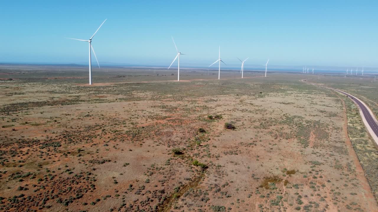 drone aéreo escénico paisaje toma de viento campo abierto granja energía energías renovables cambio climático interior puerto augusta adelaida sur de australia 4k