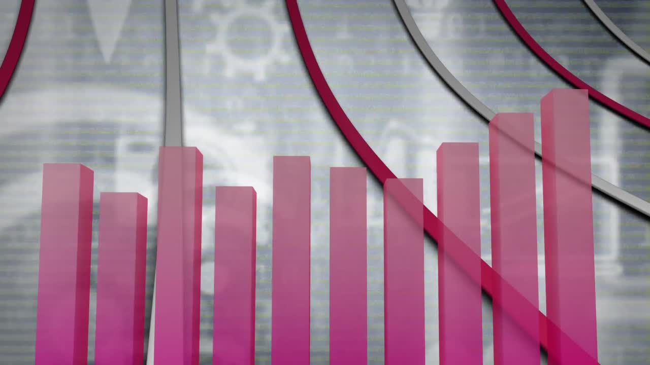 animación de flechas rojas y grises con un gráfico rojo sobre iconos sociales y tecnológicos