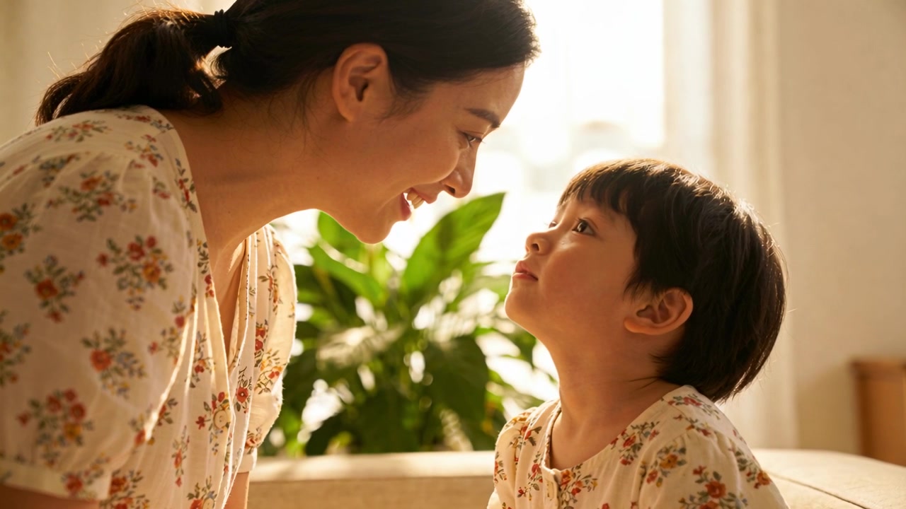 身を乗り出して目を合わせようとする母親と、ソファで笑顔を返す息子。花柄のトップスを着た二人が愛情を分かち合っている。