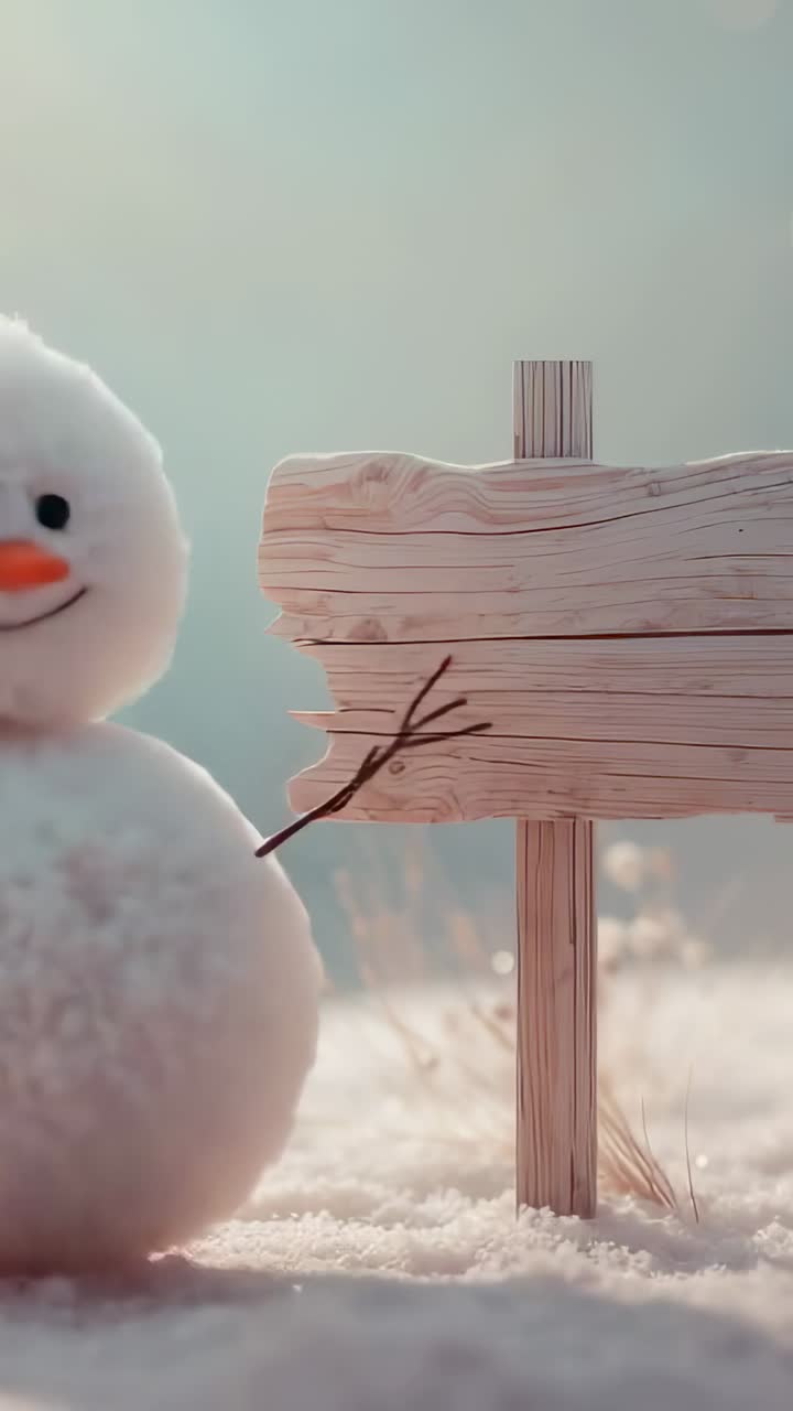 Vertical video: Opening signpost snowy field snowman creeping waving arm hopping away copy space