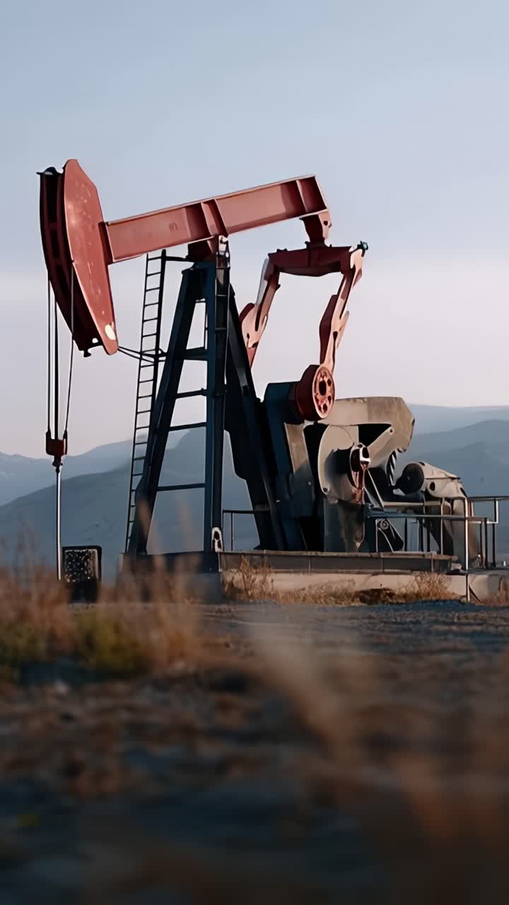 Oil Pumping Station: A View of the Machinery Extracting Crude Oil in a Scenic Landscape Under a Clear Sky and Majestic Mountains in the Background