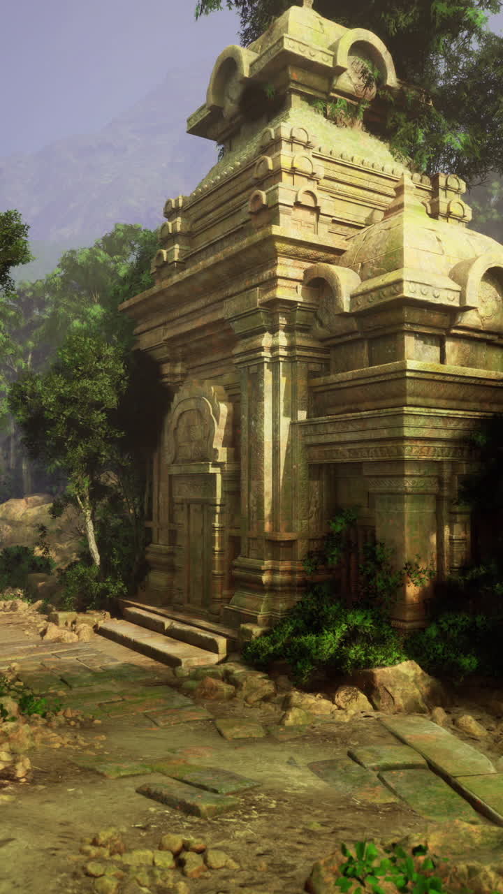Mysterious ancient ruin surrounded by lush jungle in tranquil setting