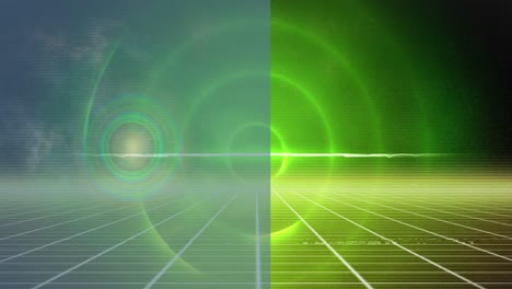 Digital-animation-of-green-and-purple-light-trails-against-black-background