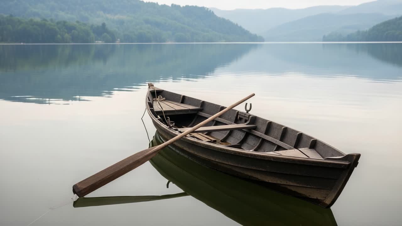 Serene Reflections: A Tranquil Rowboat Anchored on a Still Lake Surrounded by Lush Mountains and Enveloped in Morning Mist