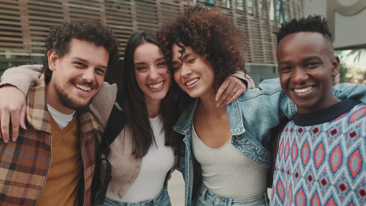 Group of Happy Friends Posing Together Outdoors