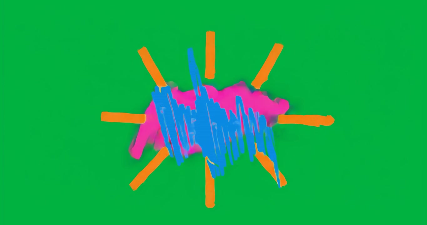 On start, pink oval pulsing orange rays, blue scribbling on transparent canvas, pulsating effect