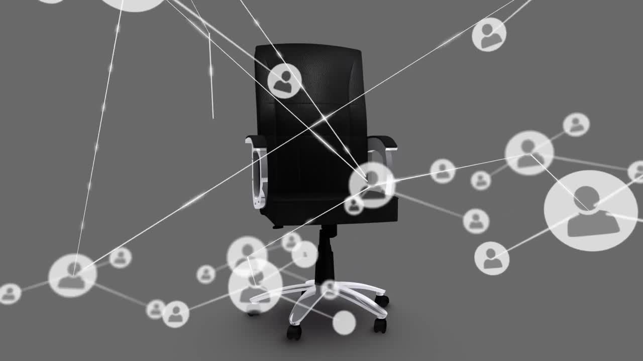 Animation of network of connections with icons over office chair