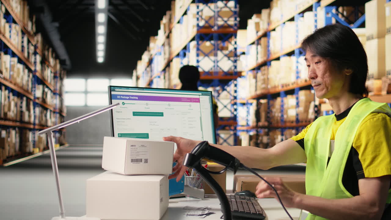 Vertical Video Asian male staff uses handheld scanner to register airway bill information