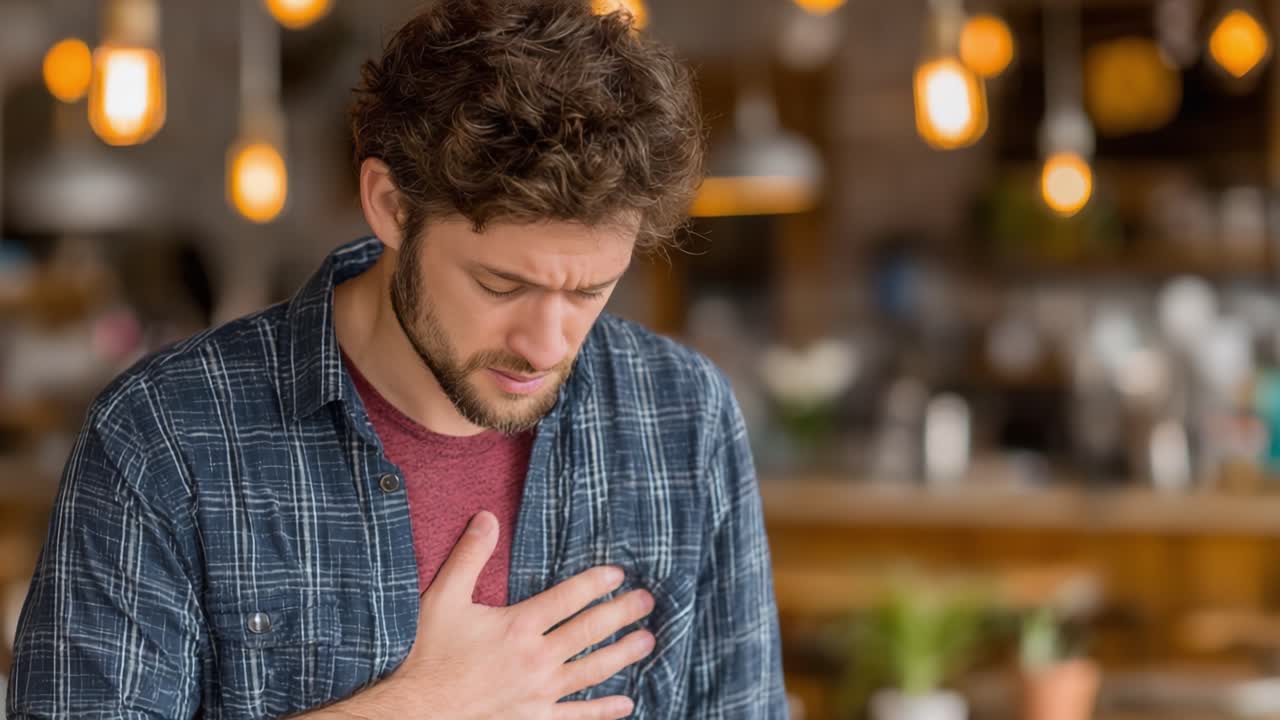 A Man Experiencing Discomfort: Showcasing Emotions of Anxiety and Concern in a Casual Setting with Ambient Lighting
