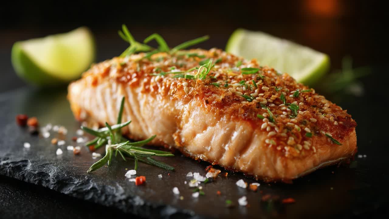 Deliciously Baked Salmon Fillet with Herb Crust and Lime Wedges, Perfectly Garnished for a Culinary Presentation