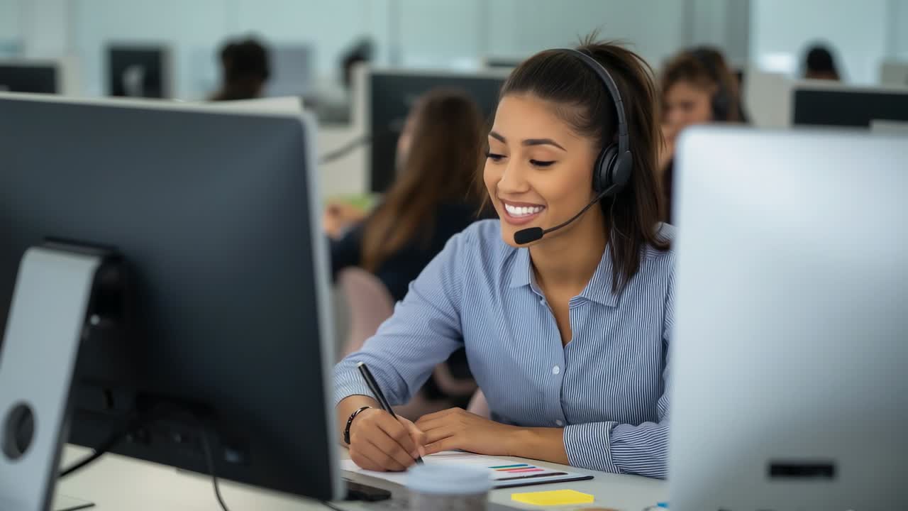 Receiving call Hispanic agent smiling, jotting notes at office desk with headset, monitor, notepad