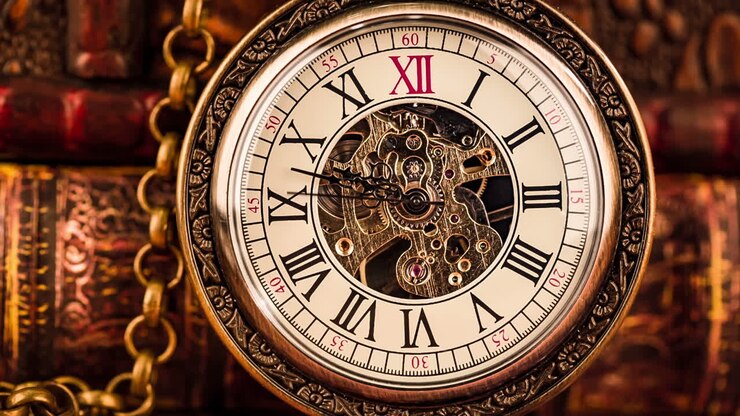 Vintage antique pocket watch against the background of old books