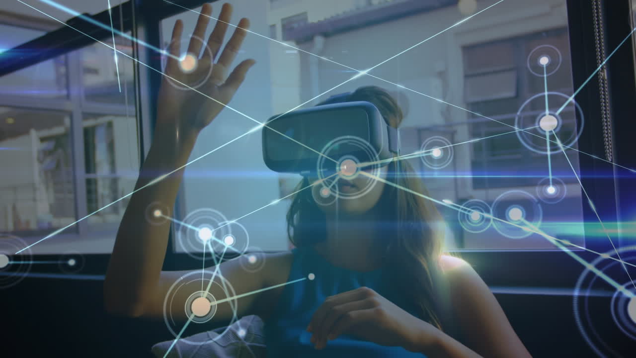 Animation of network of connections over woman wearing vr headset