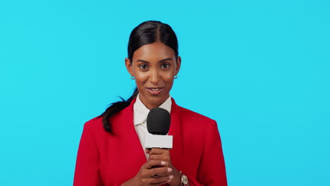 broadcast, woman face and job talking in a studio