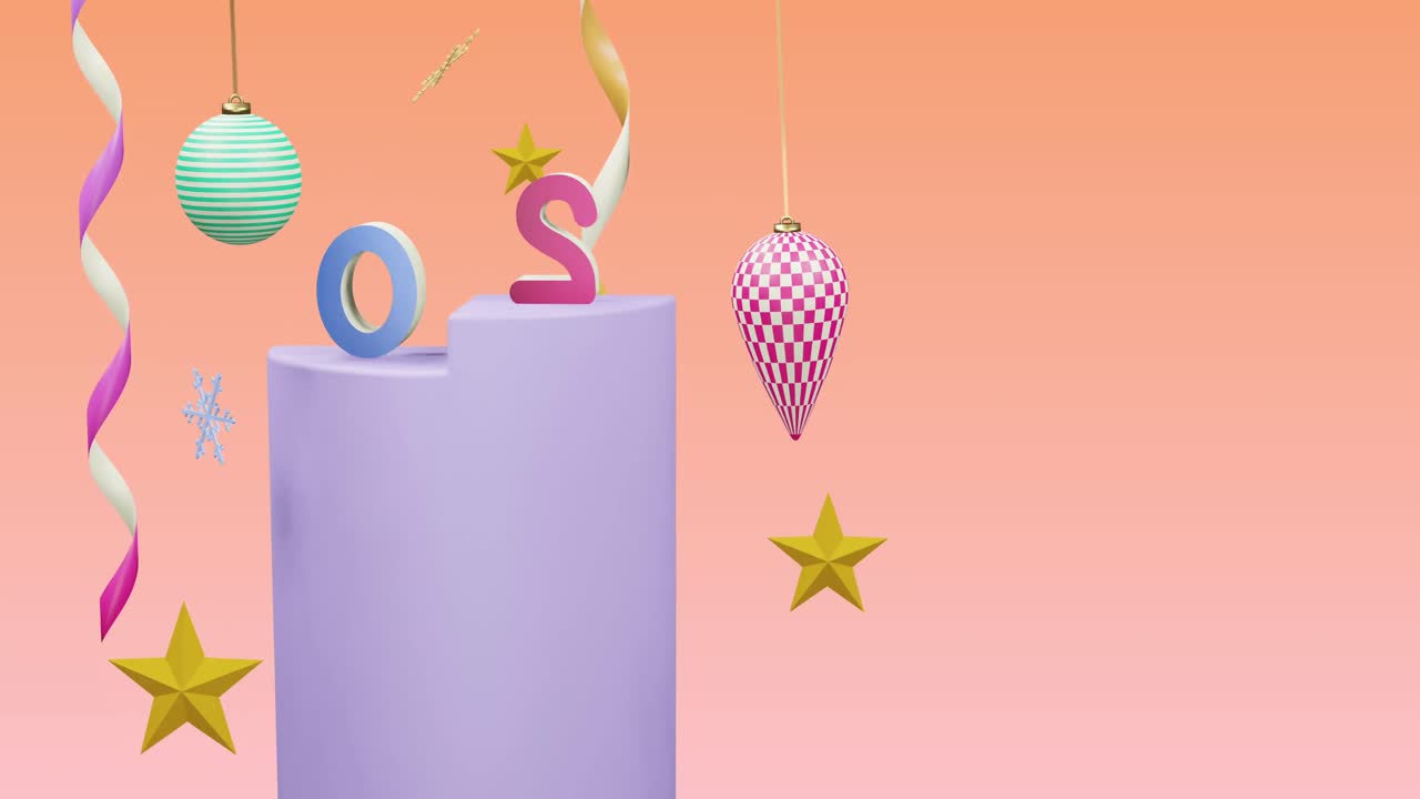 animación del número 2024 sobre el año nuevo y las decoraciones de navidad sobre fondo rosa