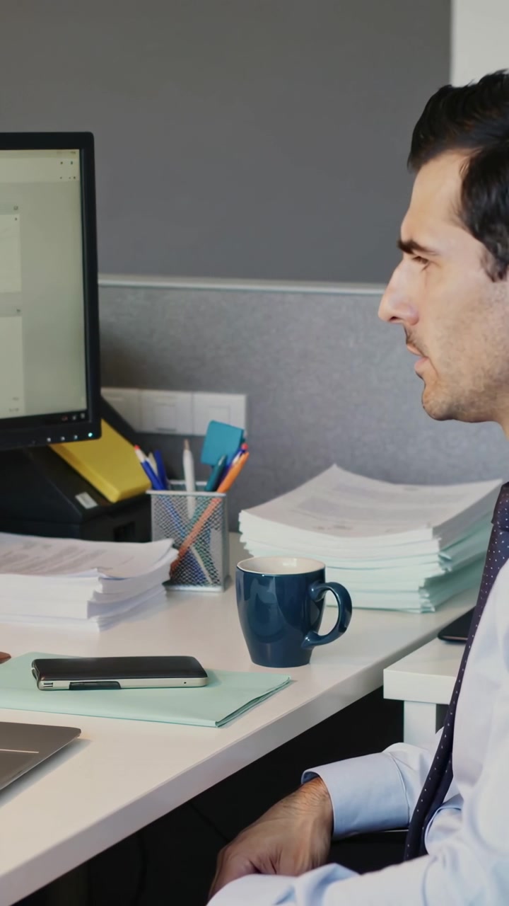 Video verticale: Uomo seduto in camicia e cravatta che reagisce a un monitor in un cubicolo con una tazza, spazio per il testo