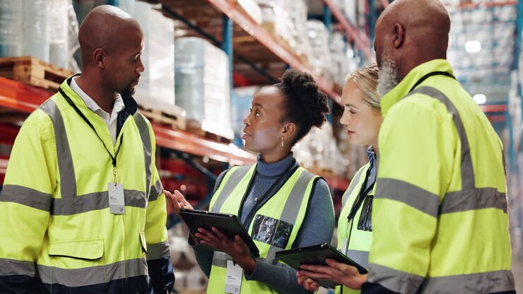 Warehouse workers having a meeting