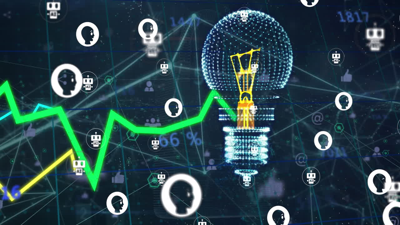 Animation of light bulb, connections with ai icons and data processing