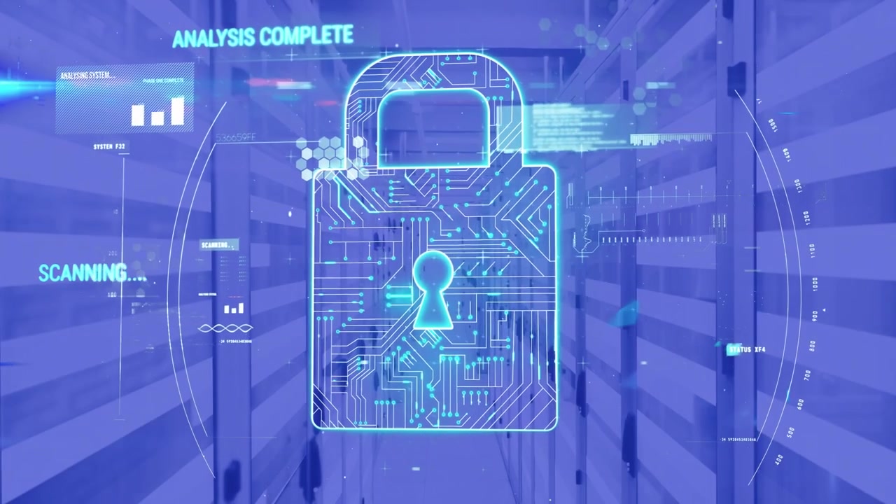 Neon-blue padlock activating while circular HUD appearing, scanning racks, confirming secure status
