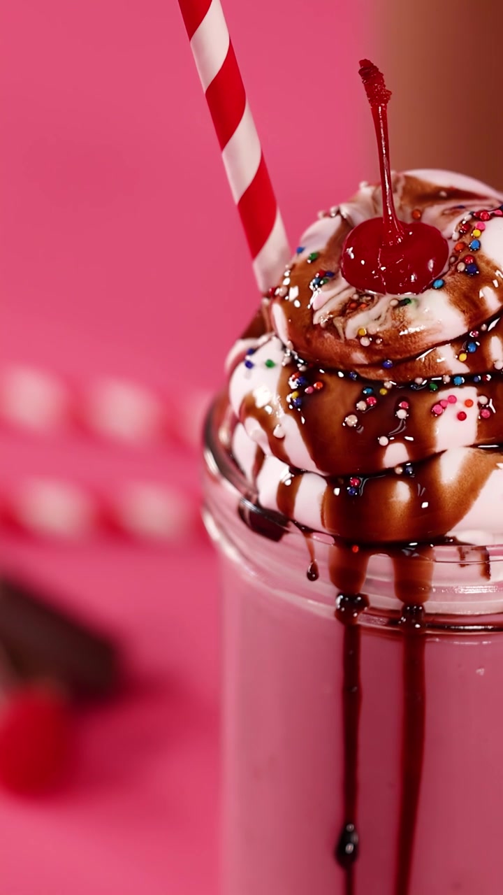 Una mano mescola una cannuccia a strisce in un milkshake rosa guarnito con panna montata, sciroppo al cioccolato e zuccherini colorati.