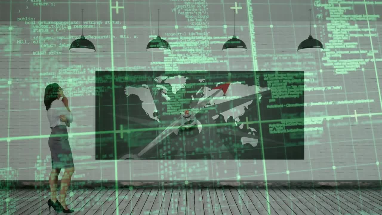 인터랙티브 스크린을 사용하여 사업가 여성에 대한 데이터 처리 애니메이션