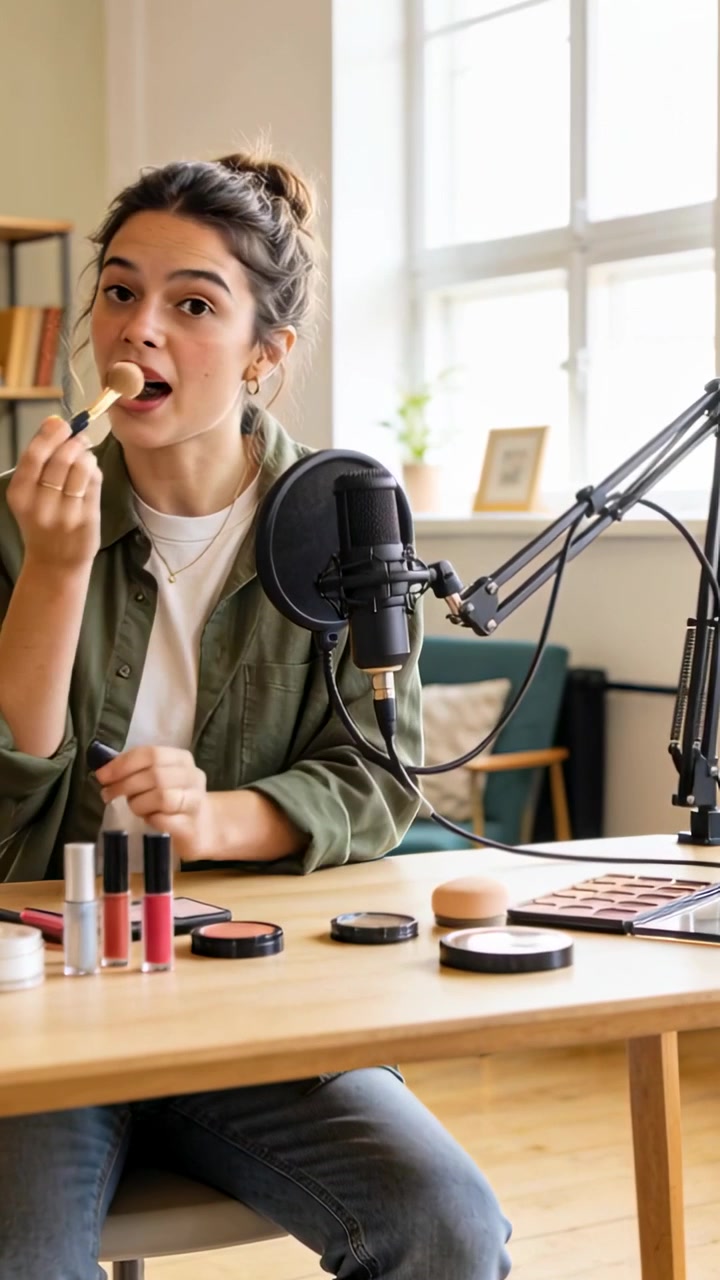 Vertical video: Reaching kabuki brush woman in green loading compact talking to mic at home demo