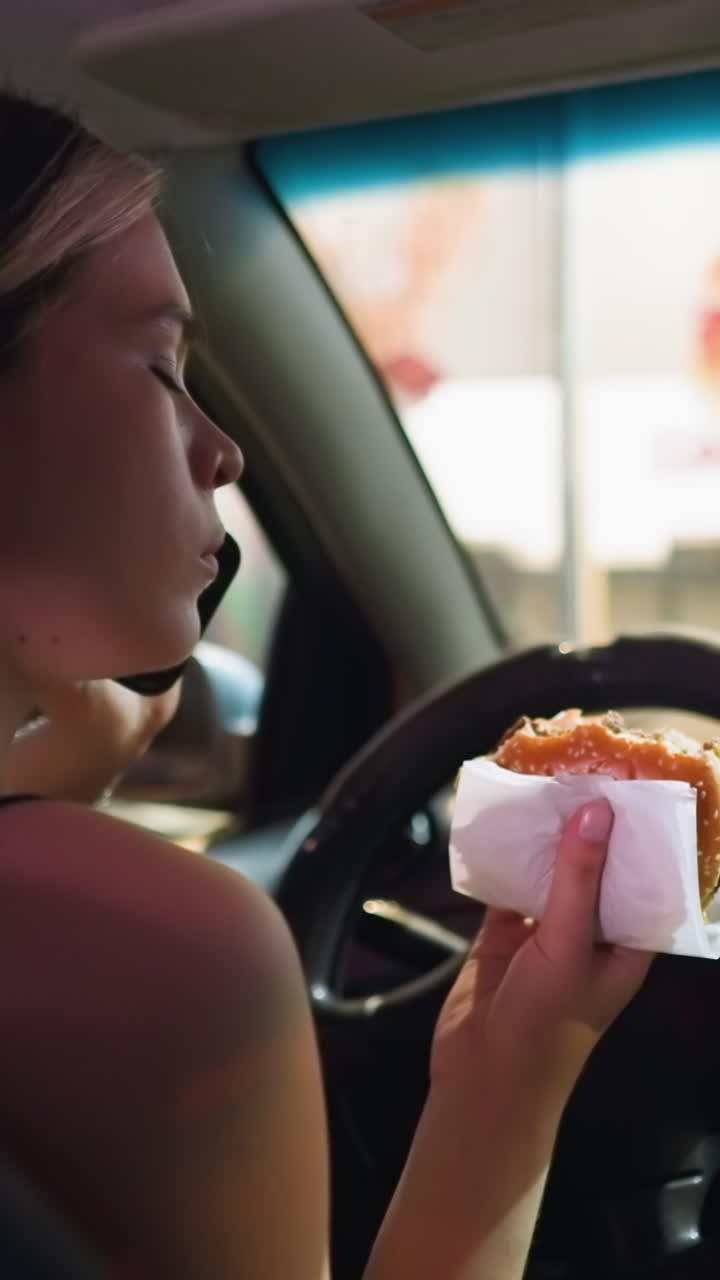 Woman in black top eating burger while in parked car at night, looking contemplative. Interior lights softly illuminating her face, fast-food restaurant visible in background through the windshield