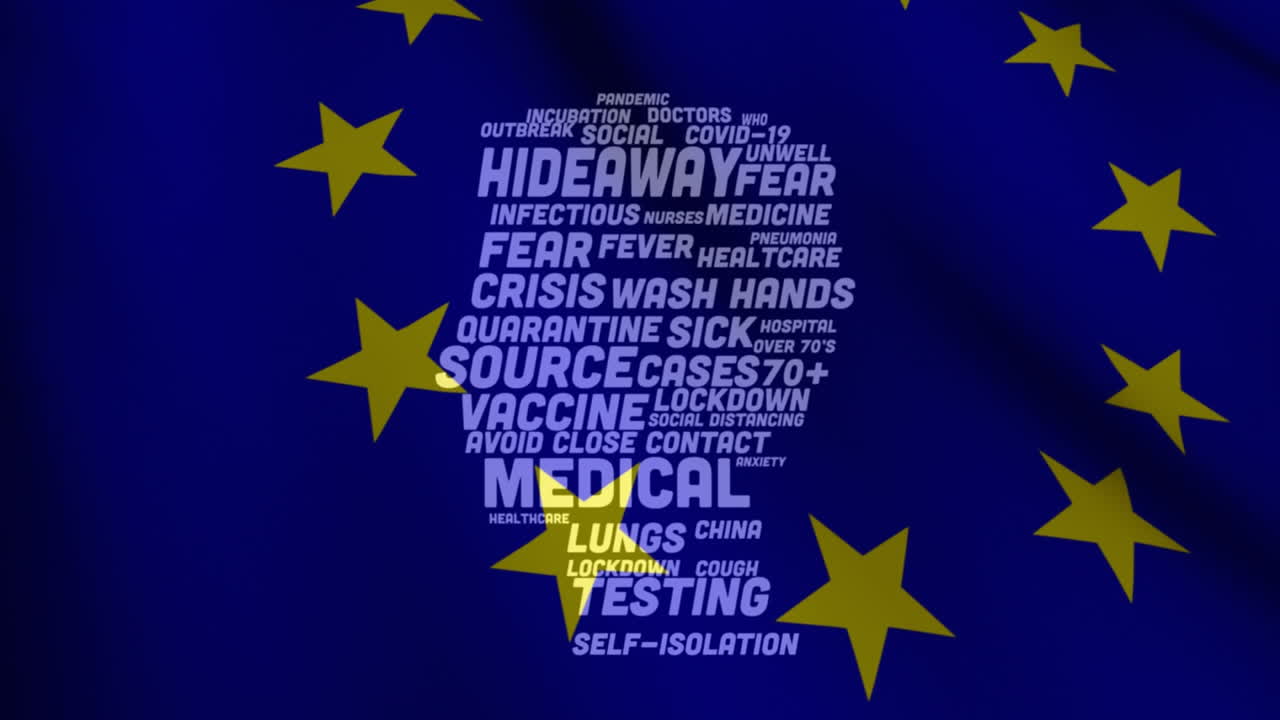 코로나19 애니메이션은 eu 발을 통해 "사회적 거리 두기"를 가진 사람을 형성합니다.